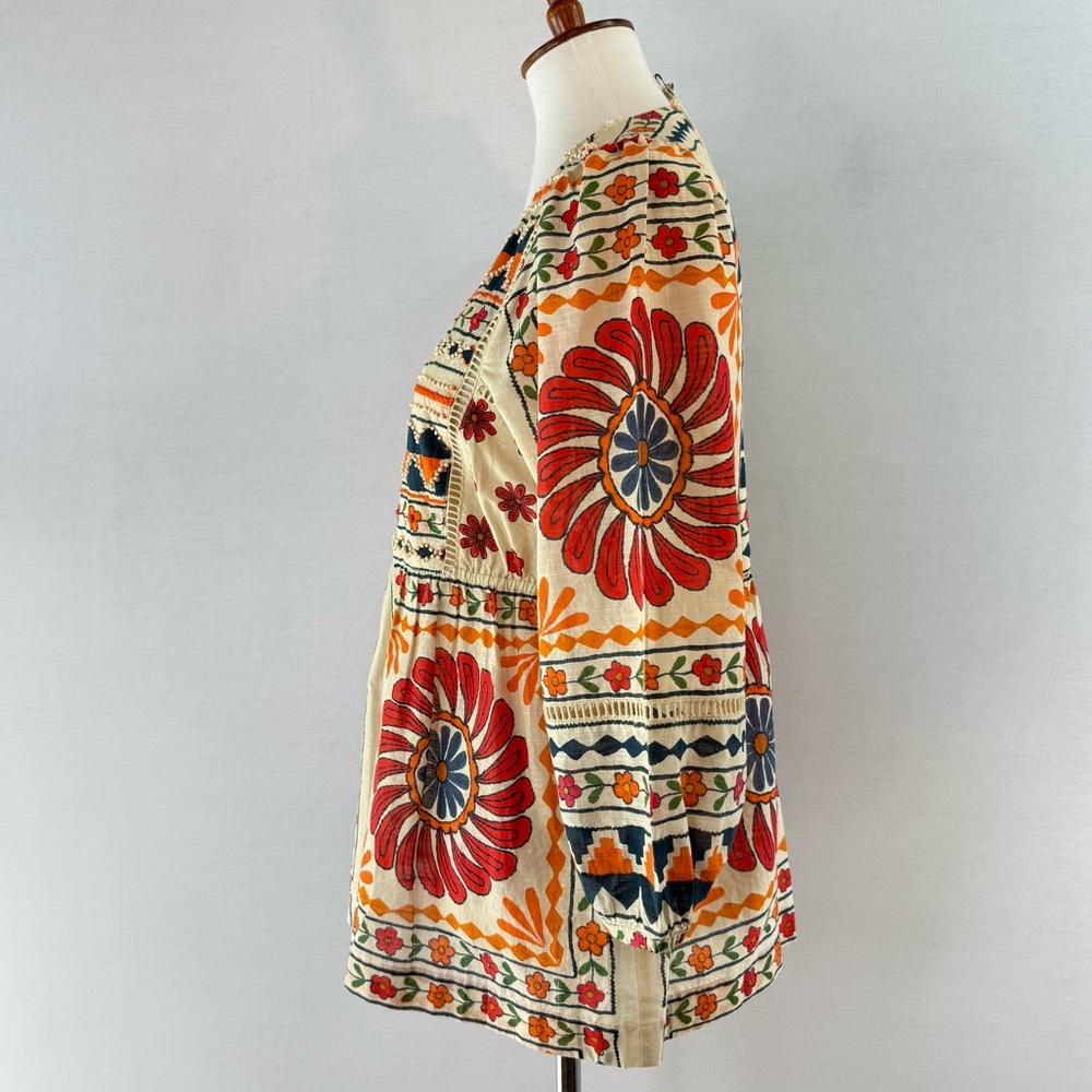 Sundance Zariah Orange Blue Cream Beaded Floral Print Blouse - Picture 6 of 16